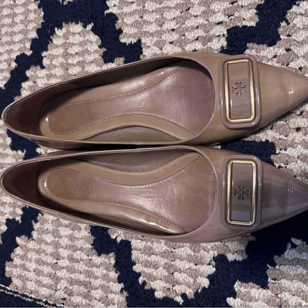 Tory Burch Taupe Leather Flats with Gold Buckle